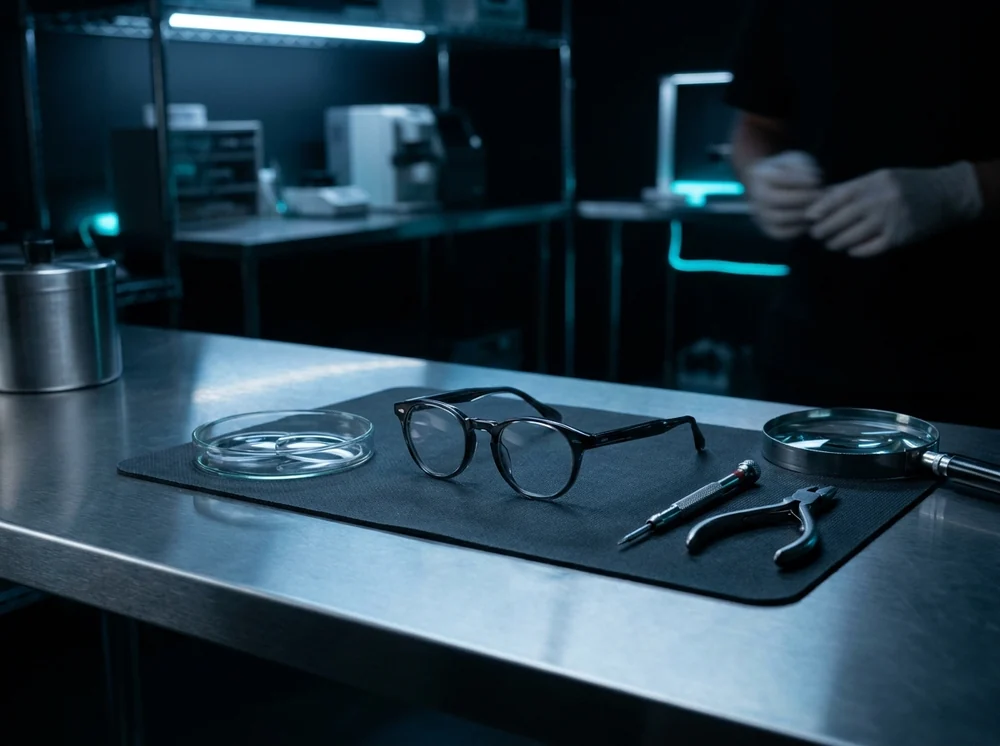 Marco óptico y cristales con receta sobre una mesa de laboratorio